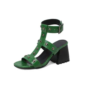 Women's Square Toe Rivets Block Chunky Heel Gladiator Sandals