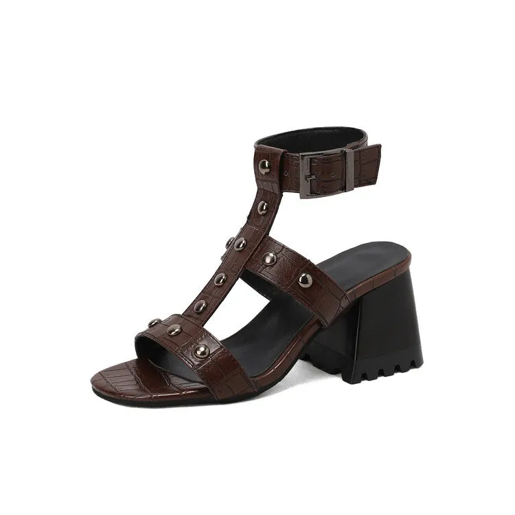 Women's Square Toe Rivets Block Chunky Heel Gladiator Sandals